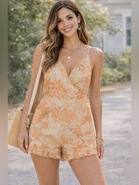 Roxy Peach Floral Wrap Romper.  Size medium